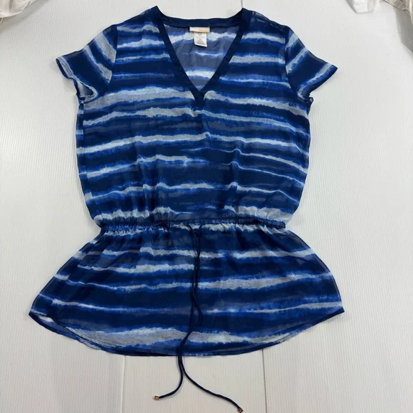 429. Women’s Michael Kors Navy and White Striped sheer swim coverup (M) - Picture 1 of 3